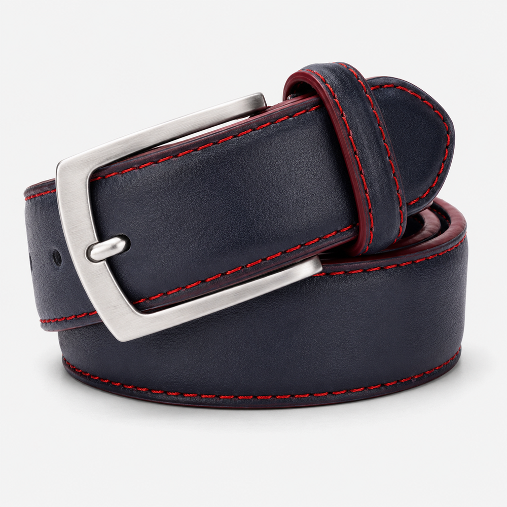 Men’s Navy Casual Belt with Red Stitching & Silver Buckle
